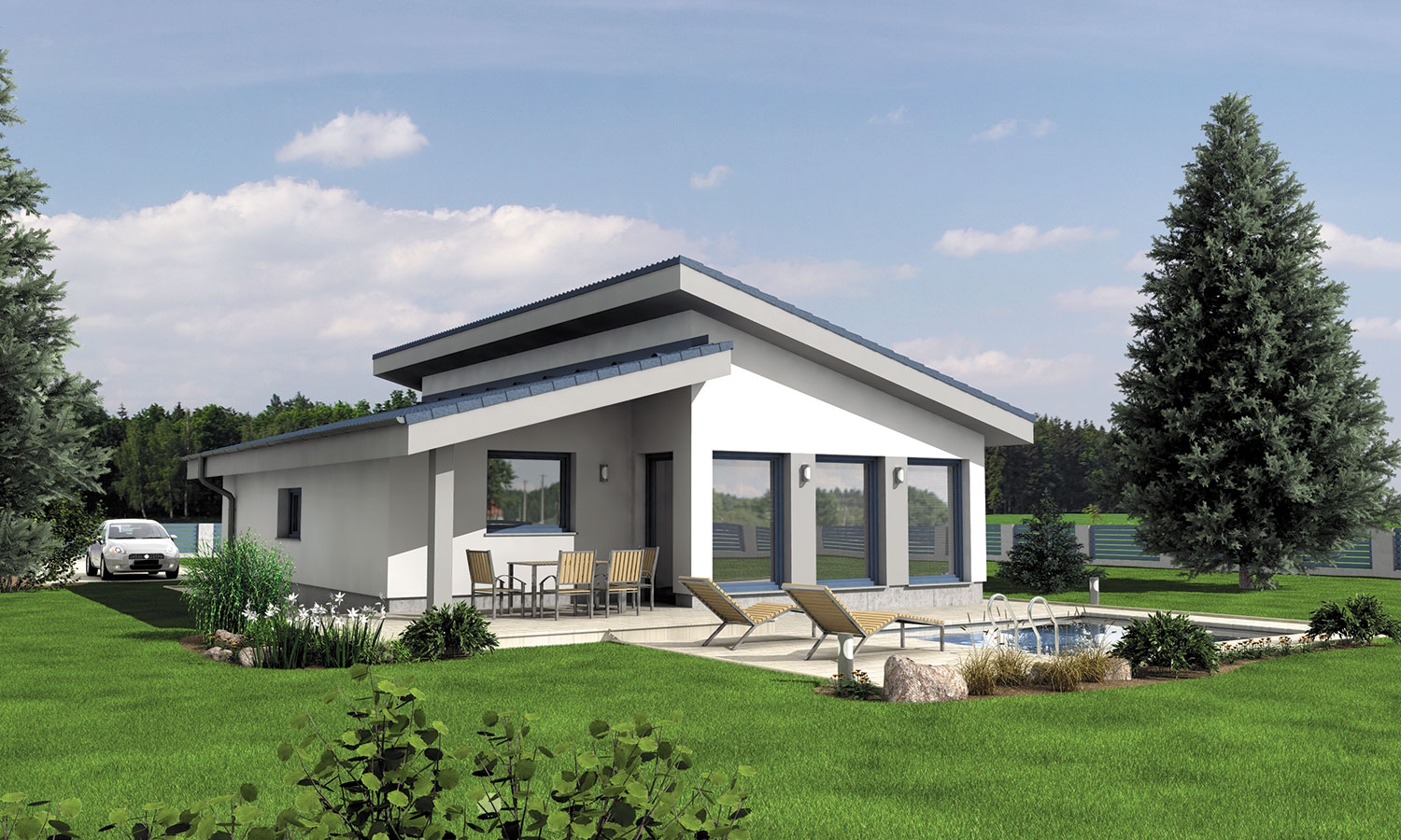 BUNGALOW 135 Projekt Pre Rodinn Dom S Pultovou Strechou PRODOM bungalow-135-projekt-pre-rodinn-dom-s-pultovou-strechou-prodom